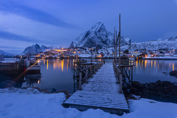 The lighthouse of Reine from the opposite side of the bay. Reine, Lofoten island, Norway, Scandinavia, Europe.