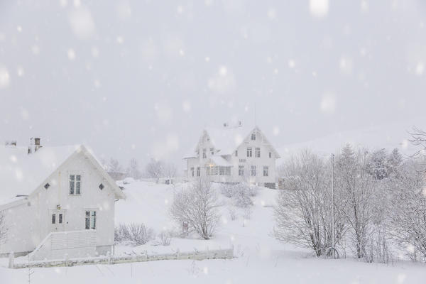 White landscape of A village during a winter snowfall. A, Lofoten island, Norway, Scandinavia, Europe.