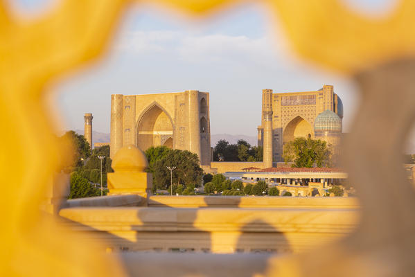 Close up of Bibi Khanum mosque buildings from Hazrat Hizr mosque at sunrise. Samarkand, Uzbekistan, Central Asia.