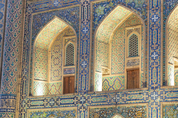 Close up of Tilla Kari, Tilya Kori,Madrasah by night. Registan square, Samarkand, Uzbekistan, Central Asia.