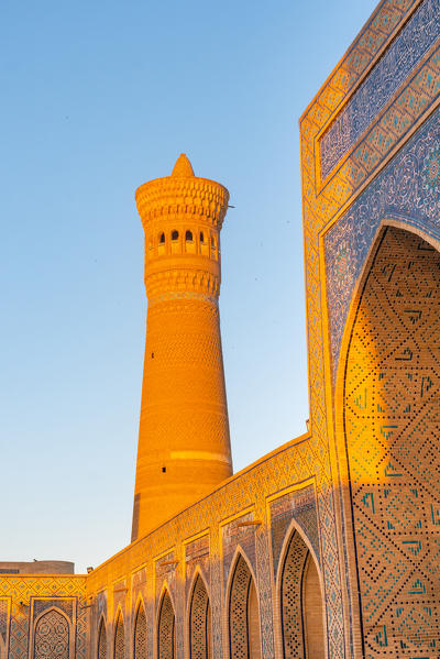 Kaylan minaret in Po i Kaylan complex into ancient city of Bukhara. Bukhara, Uzbekistan, Central Asia.