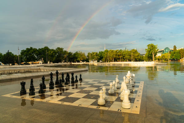Public chessboard in Baki Bulvari pedestrian area. Baku, Azerbaijan, Central Asia.