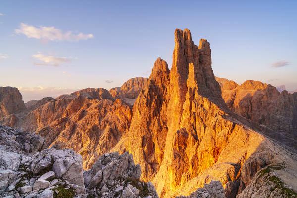Vajolet towers at sunset in Catinaccio group of Dolomites. Re Alberto refuge in Catinaccio group. Gardeccia, Pozza di Fassa, Fassa valley, Trento district, Dolomites, Trentino Alto Adige, Italy, Europe.