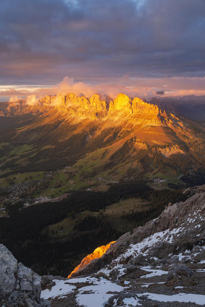 Mountain landscape of Roda de Vael and Catinaccio group at sunset from Latemar summit. Costalunga pass, Carezza, Trento district, Dolomites, Trentino Alto Adige, Italy, Europe.