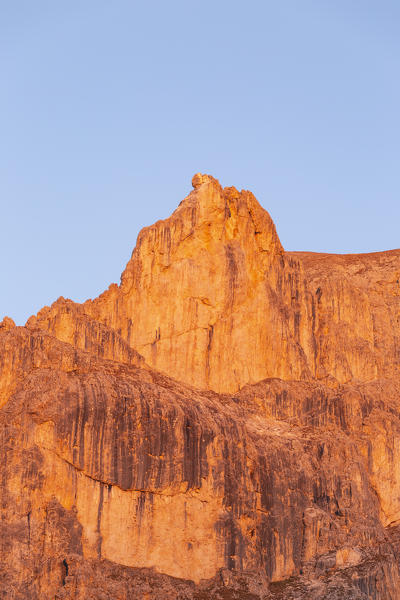 Sunsetscape of Roda de Vael east face in Catinaccio group of Dolomites. Carezza, Fassa valley, Trento district, Dolomites, Trentino Alto Adige, Italy, Europe.
