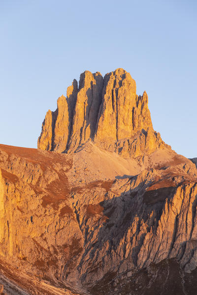 Sunsetscape of Sforcella east face in Catinaccio group of Dolomites. Carezza, Fassa valley, Trento district, Dolomites, Trentino Alto Adige, Italy, Europe.