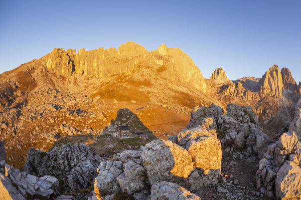 Mountain landscape of sunrise over Roda de Vael refuge in Catinaccio group of Dolomites. Carezza, Fassa valley, Trento district, Dolomites, Trentino Alto Adige, Italy, Europe.