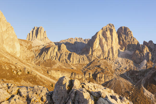 Mountain landscape of sunrise over Roda de Vael refuge in Catinaccio group of Dolomites. Carezza, Fassa valley, Trento district, Dolomites, Trentino Alto Adige, Italy, Europe.