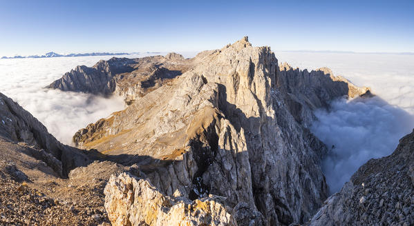 Latemar peak and Forcella Grande with Rigati bivac from Schenon mount during summer. Costalunga pass, Fiemme valley, Cavalese, Trento district, Dolomites, Italy, Europe. 