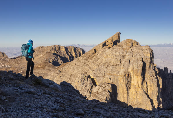 Trekker looking to Cimon del Latemar from Latemar mount during summer in DOlomites. Latemar group, Costalunga pass, Fassa valley, Pozza di Fassa, Trento district, Dolomites, Italy, Europe.