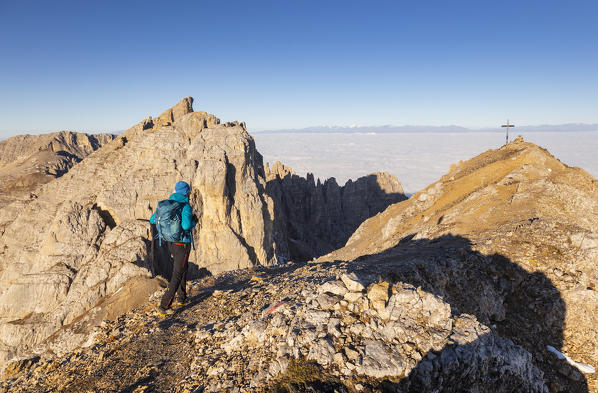 Hiking in Latemar mount during summer in DOlomites mountains. Latemar group, Costalunga pass, Fassa valley, Pozza di Fassa, Trento district, Dolomites, Italy, Europe.
