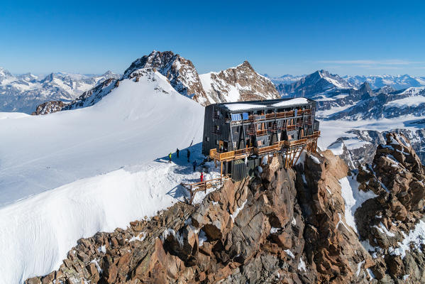 The alpine hut of Capanna Regina Margherita in Rosa mount from an aerial view. Gressoney, Aosta district, Valle d'Aosta, Alps, Italy, Europe.