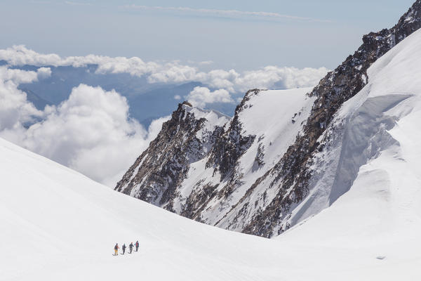 Alpinists to Vincent piramid, one of the 4000 of Rosa group. Gressoney, Aosta district, Valle d'Aosta, Alps, Italy, Europe.