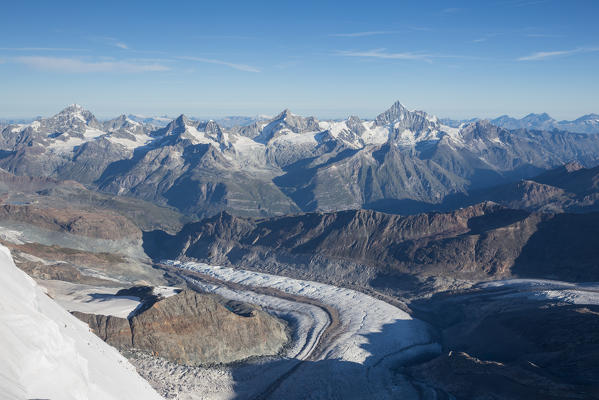 Panorama to Swiss side of Rosa mount glacier from Lyskamm high mountain crossing. Gressoney, Aosta district, Valle d'Aosta, Alps, Italy, Europe.
