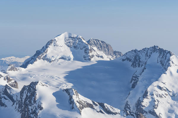 High mountainscape of Monch peak from Aletschorn mount in Swiss Alps. 