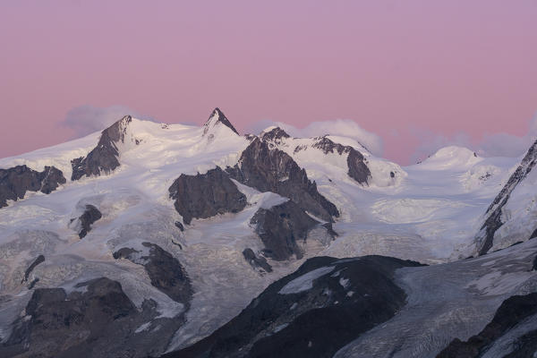 Dufour and Nordend peaks in Rosa mount at sunset from Gandegghutte in Zermatt valley. Zermatt, Vallese canton, Switzerland, Alps, Europe. 