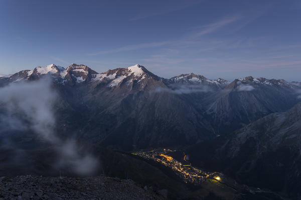 Mountainscape of Sass Fe by night from Mischabelhutte. Sass Fe, Vallese canton, Switzerland, Alps, Europe. 