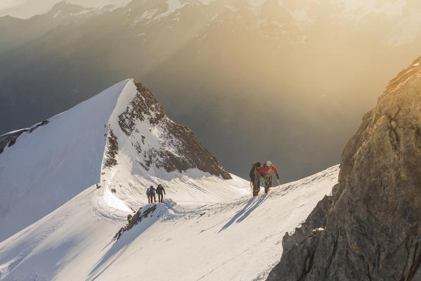 Alpinists along normal route to Nadelhorn, a 4000 peak in Sass Fe valley. Sass Fe, Vallese canton, Switzerland, Alps, Europe.
