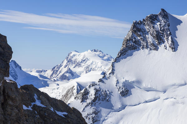 Rosa mount in the background from the 4000 peaks of Nadelhorn. Sass Fe, Vallese canton, Switzerland, Alps, Europe.
