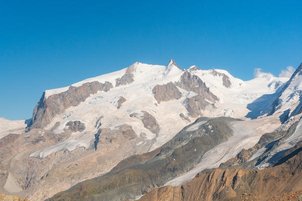 Dufour and Nordend peaks and Gornergletcher in Rosa mount from Gandegghutte in Zermatt valley. Zermatt, Vallese canton, Switzerland, Alps, Europe.