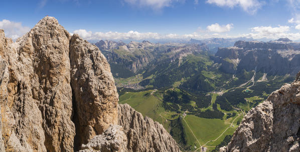 Rocks wall along the normal climbing route to Sassolungo Langkofel from Sella pass, Gardena valley, Trentino alto adige, Italy.