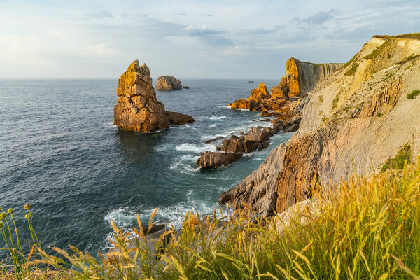 Seascape of the rockys formation of Playa del Portio. Costa Quebrada, Liencres, Cantabria, Spain, Europe.
