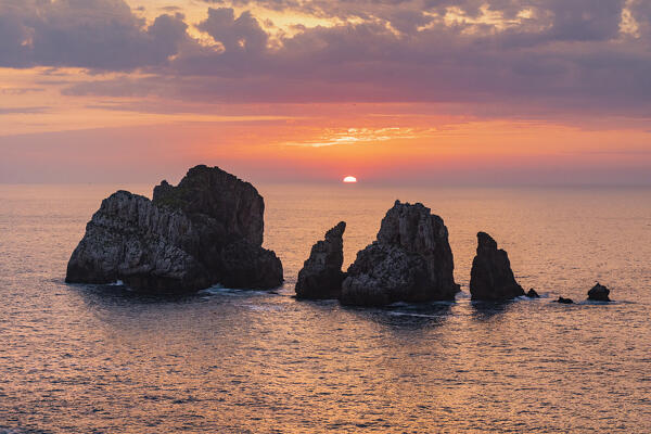 Urro major and Urro Minor at sunset in the cantabrian sea of Costa Quebrada. Playa del Portio, Liencres, Cantabria, Spain, Europe.
