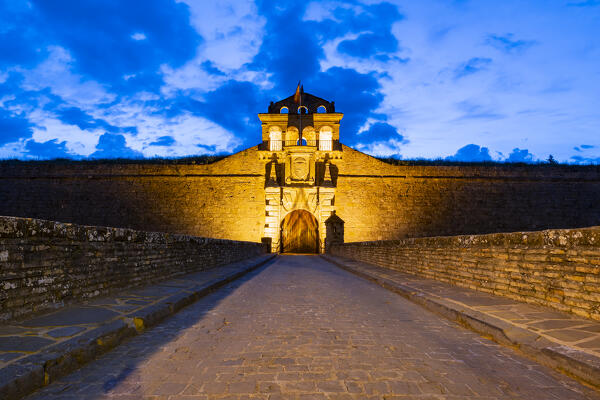 The entrance of Citadel of Jaca Castle by night. Jaca, Aragon region, Spain, Europe. 