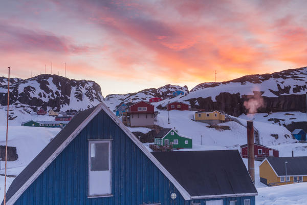 Maniitsoq village sunset. West coast, Greenland, Arctic sea, Denmark