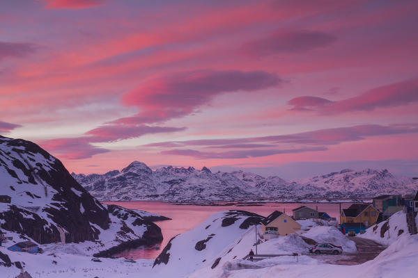 Arctic sea sunset. Maniitsoq, west coast, Greenland, Artic sea, Denmark