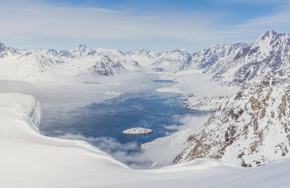 the landscape of a fjord in west coast of Greenland, Artic sea, Denmark