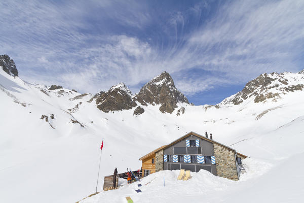 Chamanna Tuoi, alpine refuge of swiss mountains during spring ski mountaneering season. Guarda, Engadin, Switzerland