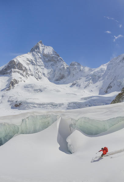 Skier in Matterhorn Tiefnatten glacier. Zermatt, Switzerland, Europe
