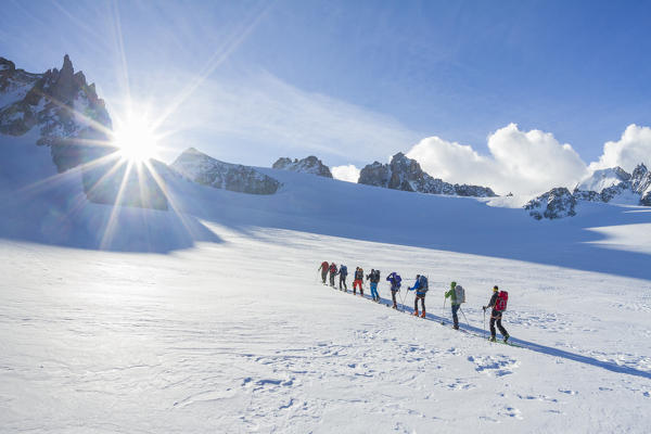 Skiers at Aiguille du Tour during winter. Argentera, France, Europe