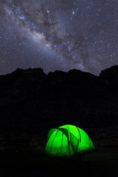 A night in tent under milky way. Ancash, Santa Cruz trekking, Andes, Peru