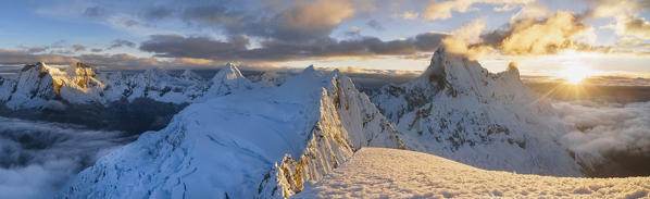 Panoramic view from Pisco mount at sunrise. Ancasch, Cordigliera Blanca, Peru