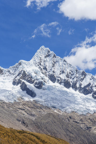 The summit of Alpamayo Nevado peak from base camp. Ancash, Cordigliera Blanca, Peru.