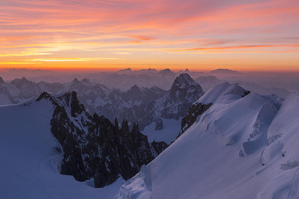 Mont Blanc group at sunrise from Mont Maudit. Chamonix, France,Europe