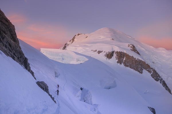 Ski mountaneering during sunrise at Mont Blanc along vie du Trois Mont Blanc. Chamonix, France,Europe
