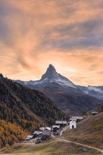 Sunset at Findeln village with Matterhorn in the background. Zermatt, Mattertal, Canton of Valais, Switzerland, Europe