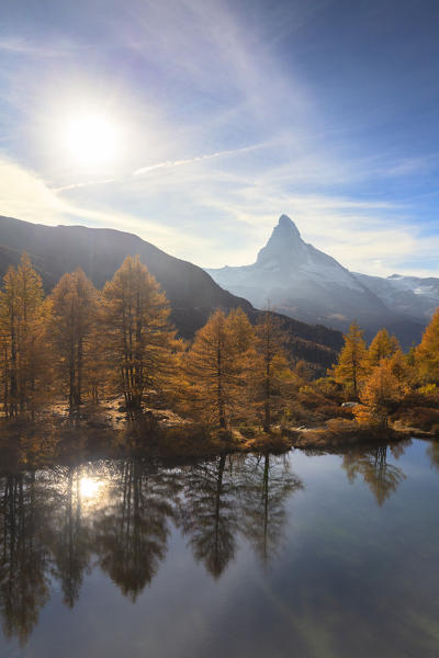 Autumn at Grindjisee Lake with Matterhorn in the background. Zermatt, Mattertal, Canton of Valais, Switzerland, Europe