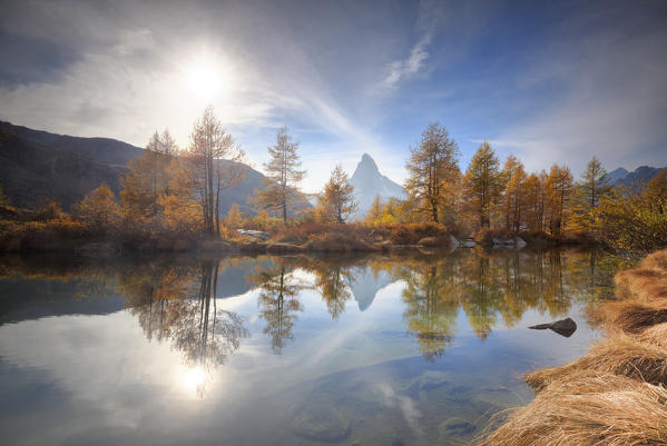 Autumn at Grindjisee Lake with Matterhorn in the background. Zermatt, Mattertal, Canton of Valais, Switzerland, Europe