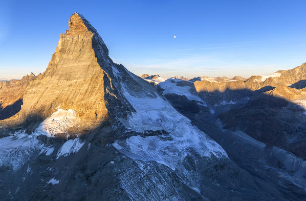 Aerial view of Matterhorn at sunrise. Zermatt, Canton of Valais, Switzerland, Europe