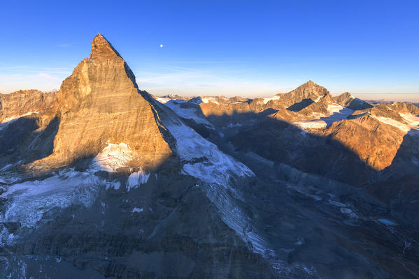 Aerial view of Matterhorn at sunrise. Zermatt, Canton of Valais, Switzerland, Europe
