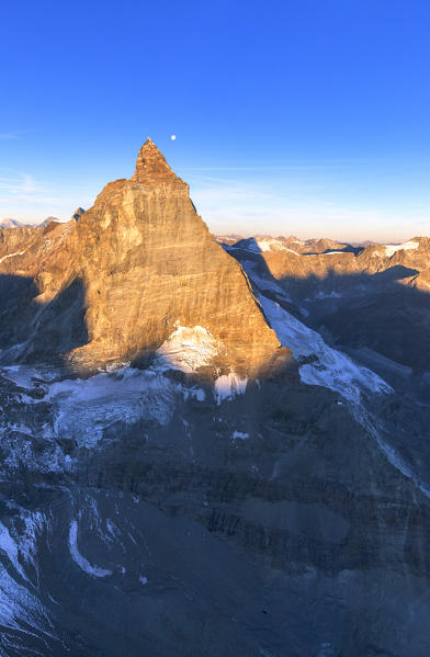 Aerial view of Matterhorn at sunrise. Zermatt, Canton of Valais, Switzerland, Europe