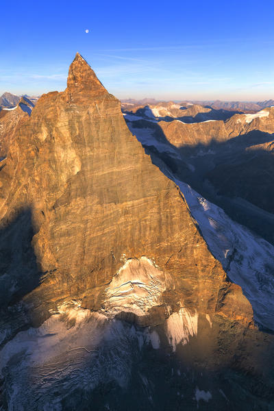 Aerial view of Matterhorn at sunrise. Zermatt, Canton of Valais, Switzerland, Europe