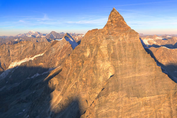 Aerial view of Matterhorn at sunrise. Zermatt, Canton of Valais, Switzerland, Europe