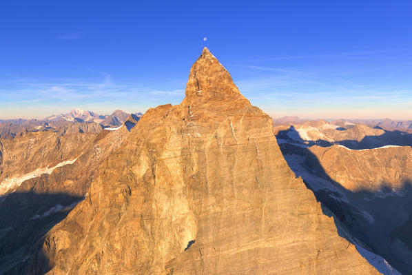 Aerial view of Matterhorn at sunrise. Zermatt, Canton of Valais, Switzerland, Europe