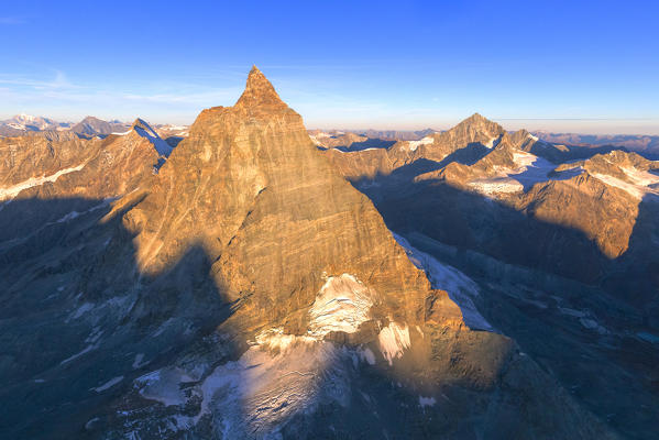 Aerial view of Matterhorn at sunrise. Zermatt, Canton of Valais, Switzerland, Europe