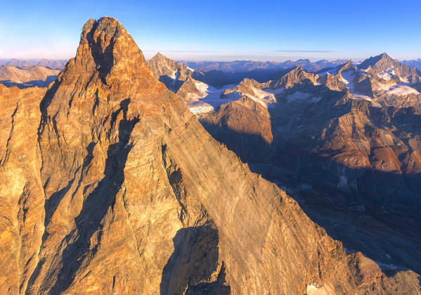 Aerial view of Matterhorn at sunrise. Zermatt, Canton of Valais, Switzerland, Europe